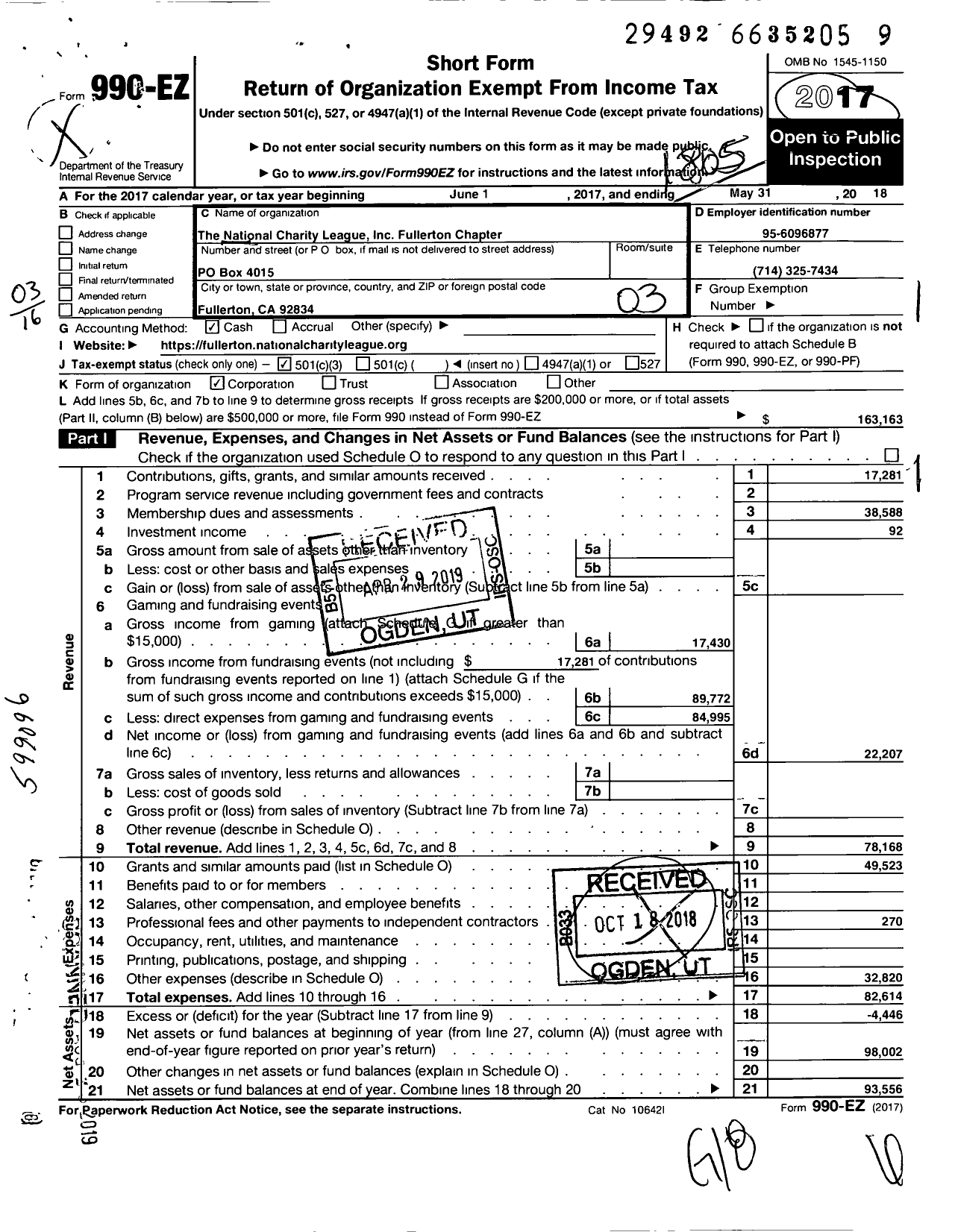 Image of first page of 2017 Form 990EZ for National Charity League