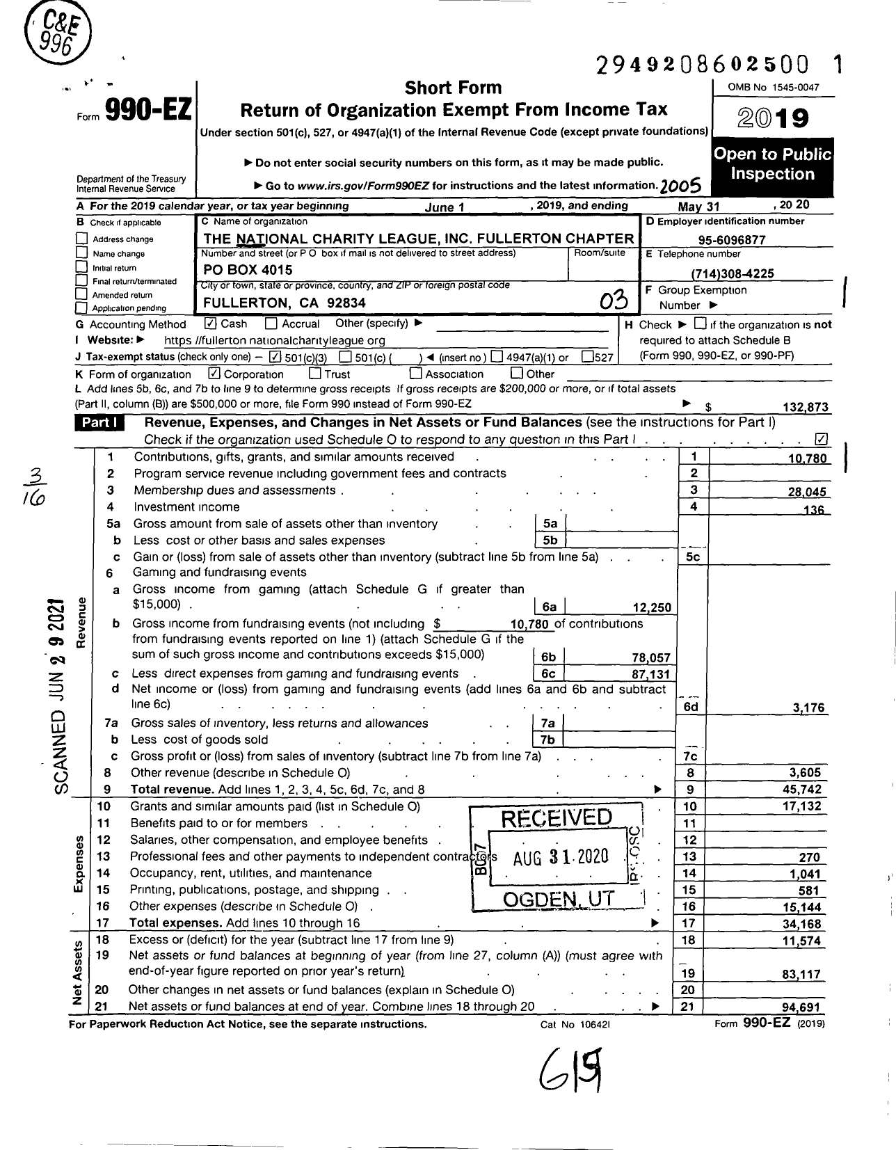 Image of first page of 2019 Form 990EZ for National Charity League