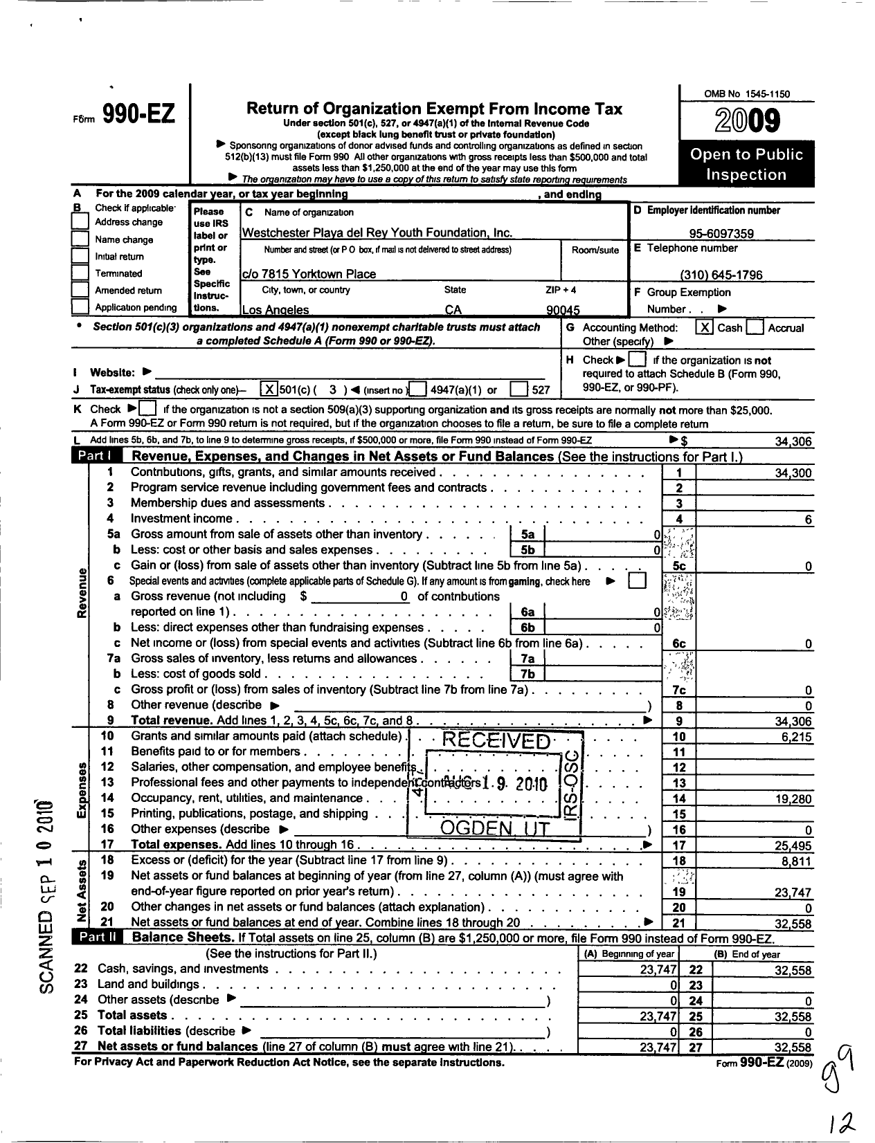 Image of first page of 2009 Form 990EZ for Westchester-Playa Del Rey Youth Foundation