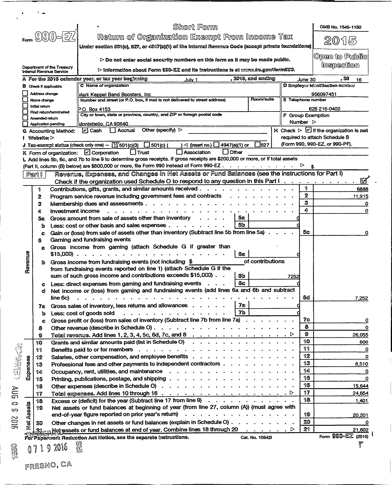 Image of first page of 2015 Form 990EZ for Mark Keppel Band Boosters