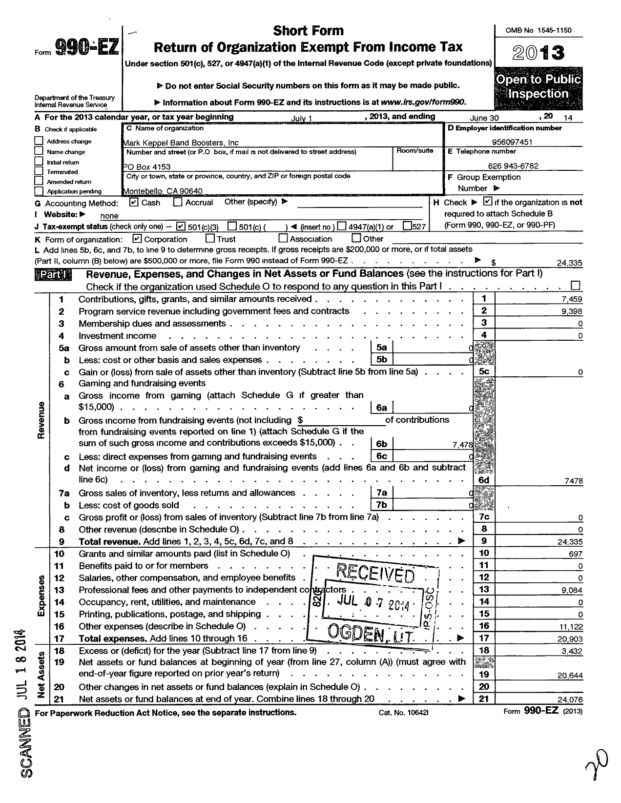 Image of first page of 2013 Form 990EZ for Mark Keppel Band Boosters