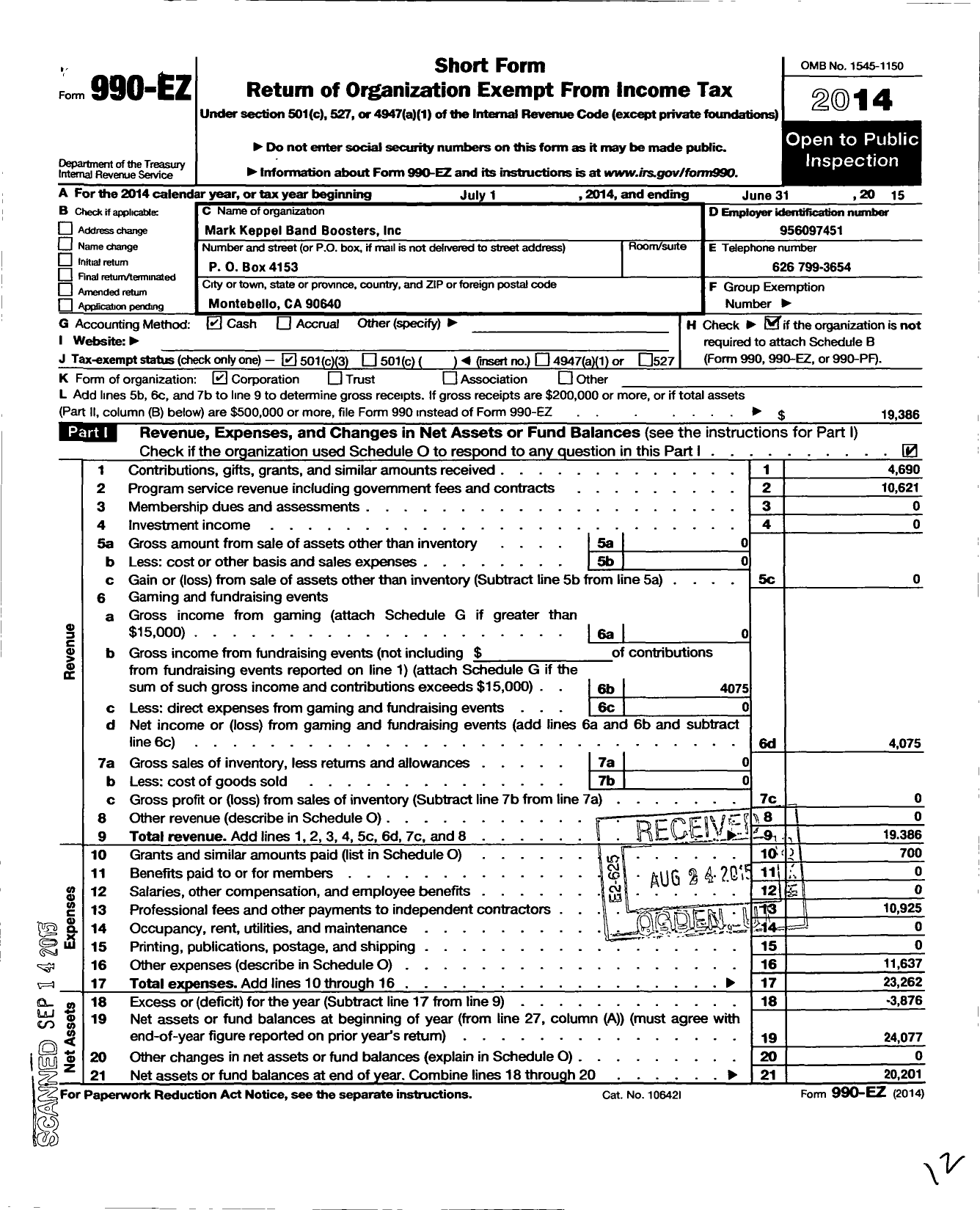 Image of first page of 2014 Form 990EZ for Mark Keppel Band Boosters