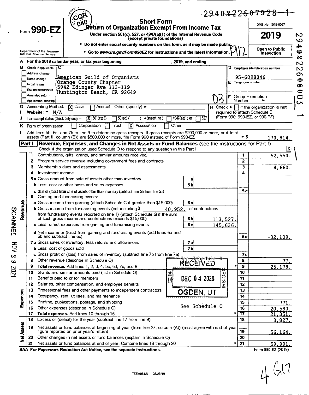 Image of first page of 2019 Form 990EZ for American Guild of Organists - 916 Orange County Chapter