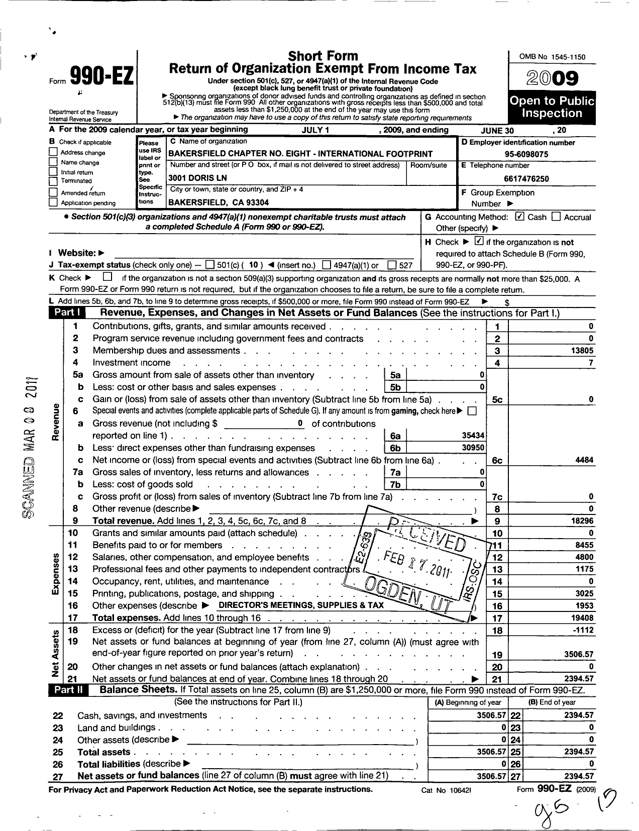 Image of first page of 2008 Form 990EO for International Footprint Association - 8 Bakersfield Chapter