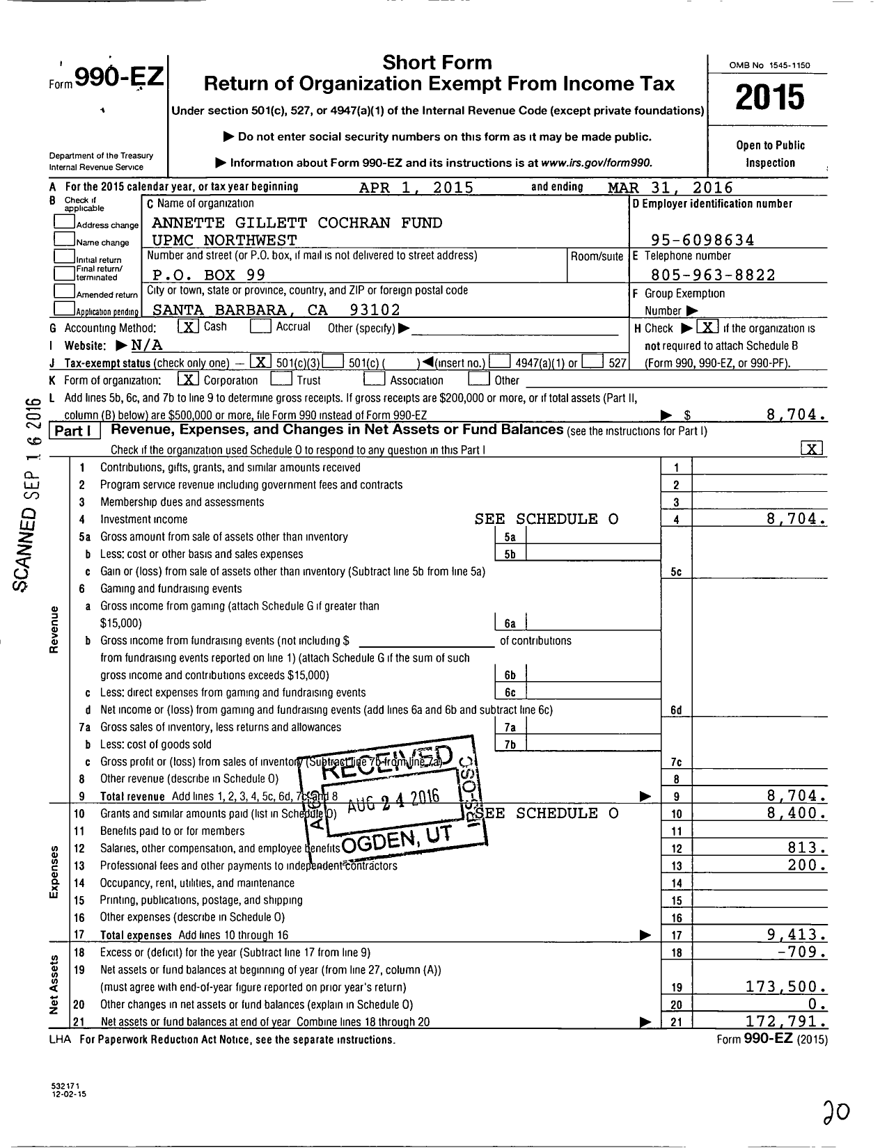 Image of first page of 2015 Form 990EZ for Annette Gillett Cochran Fund Upmc Northwest