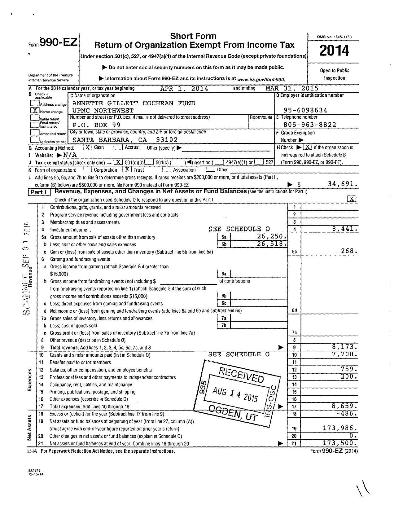 Image of first page of 2014 Form 990EZ for Annette Gillett Cochran Fund Upmc Northwest