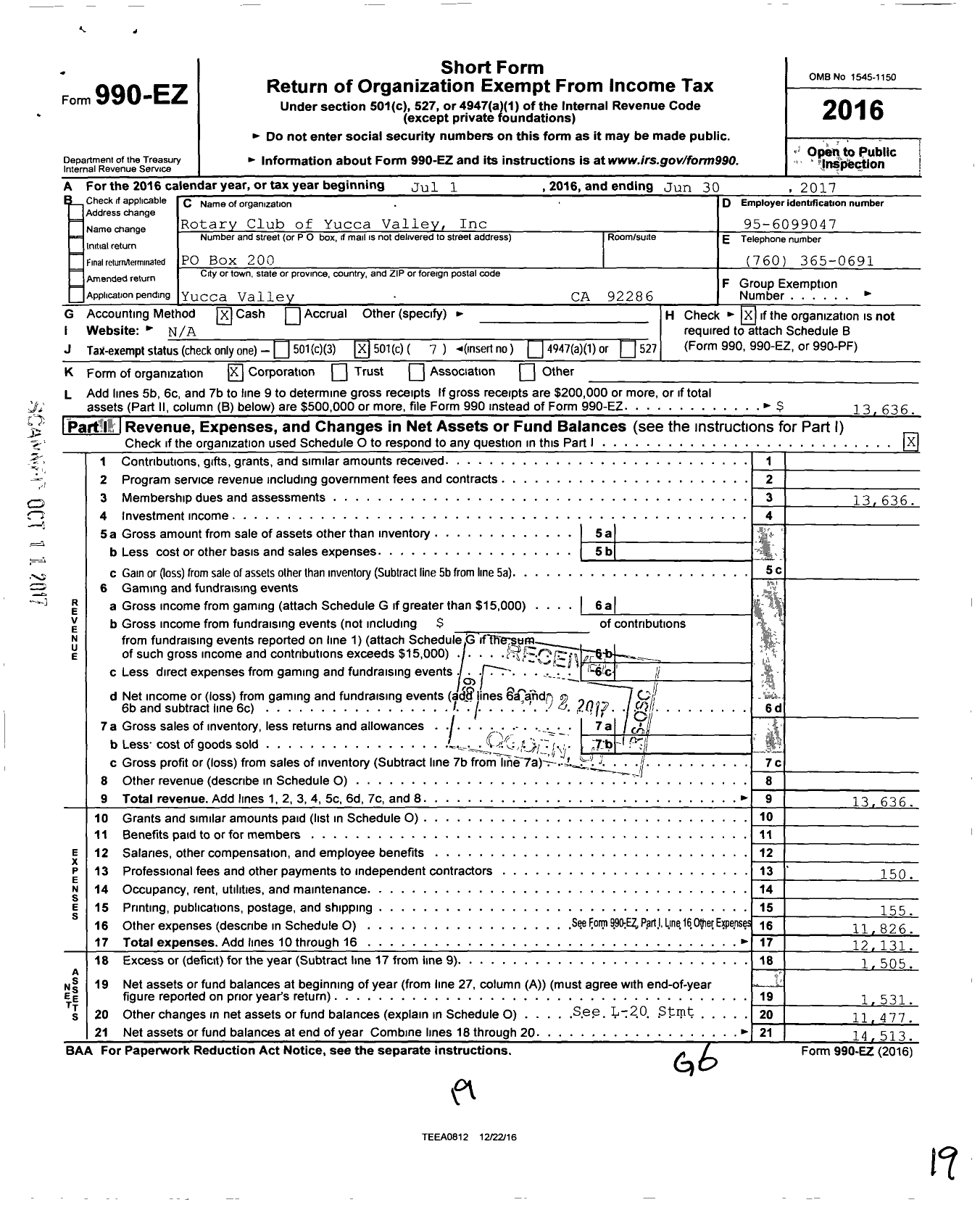 Image of first page of 2016 Form 990EO for Rotary International - Yucca Valley