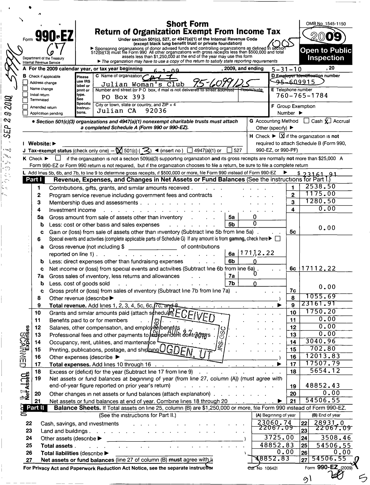 Image of first page of 2009 Form 990EZ for California Federation of Women's Clubs - Julian Womans Club