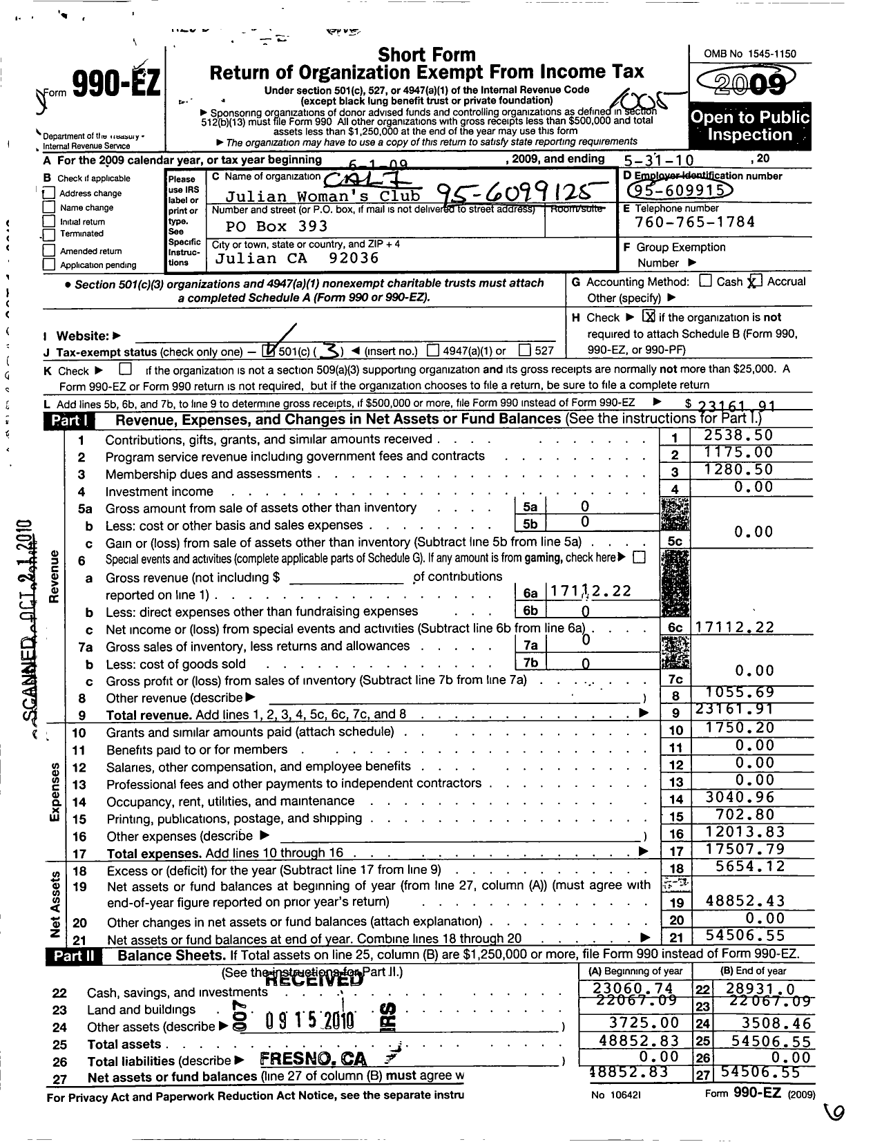 Image of first page of 2009 Form 990EZ for California Federation of Women's Clubs - Julian Womans Club