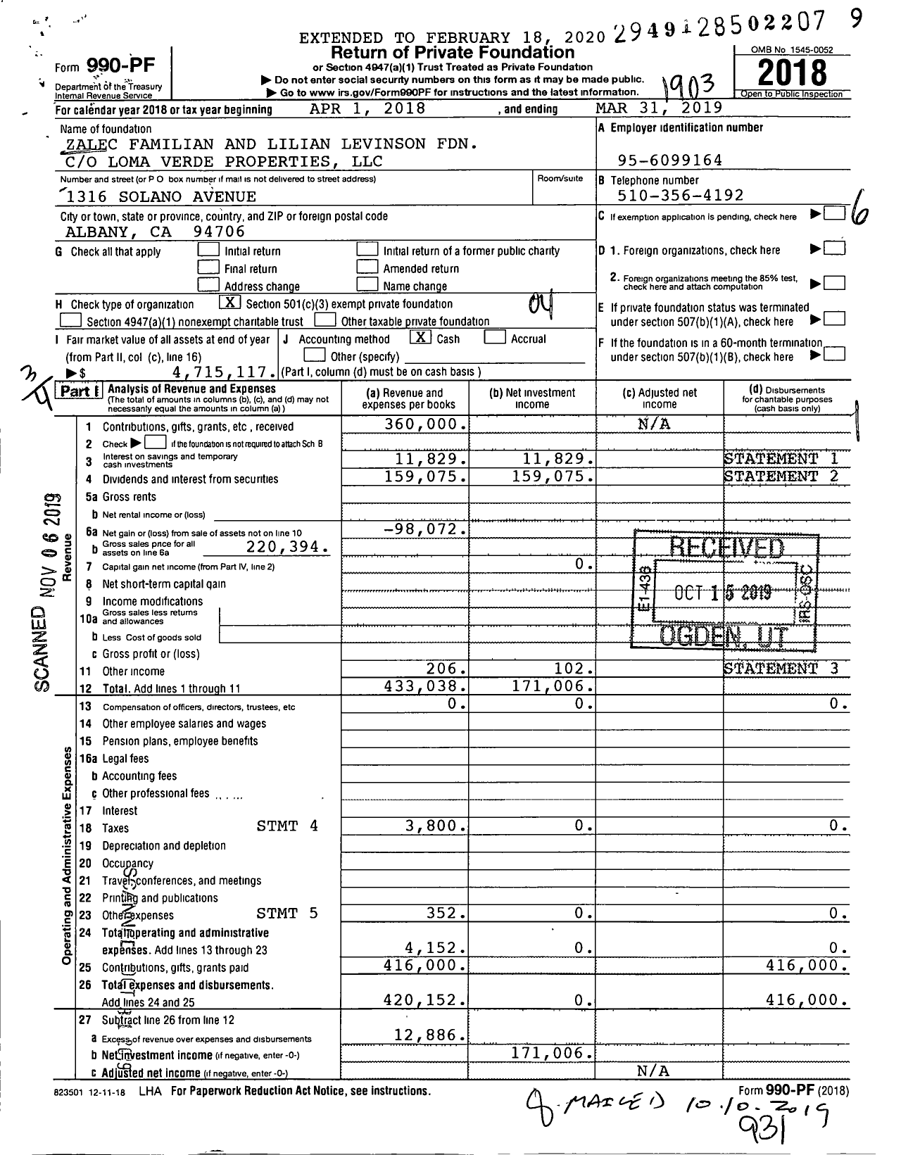 Image of first page of 2018 Form 990PF for Zalec Familian and Lilian Levinson Foundation