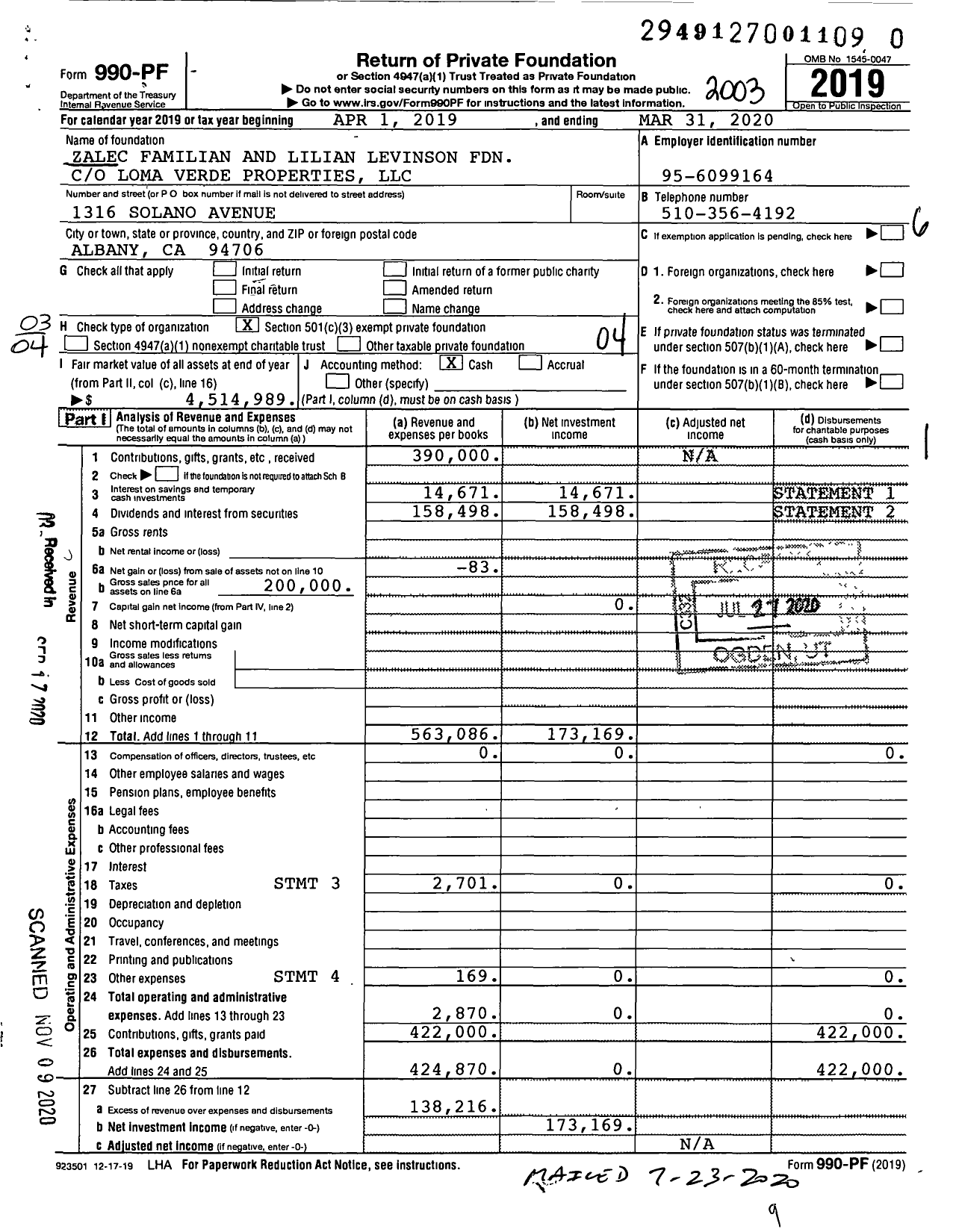 Image of first page of 2019 Form 990PF for Zalec Familian and Lilian Levinson Foundation