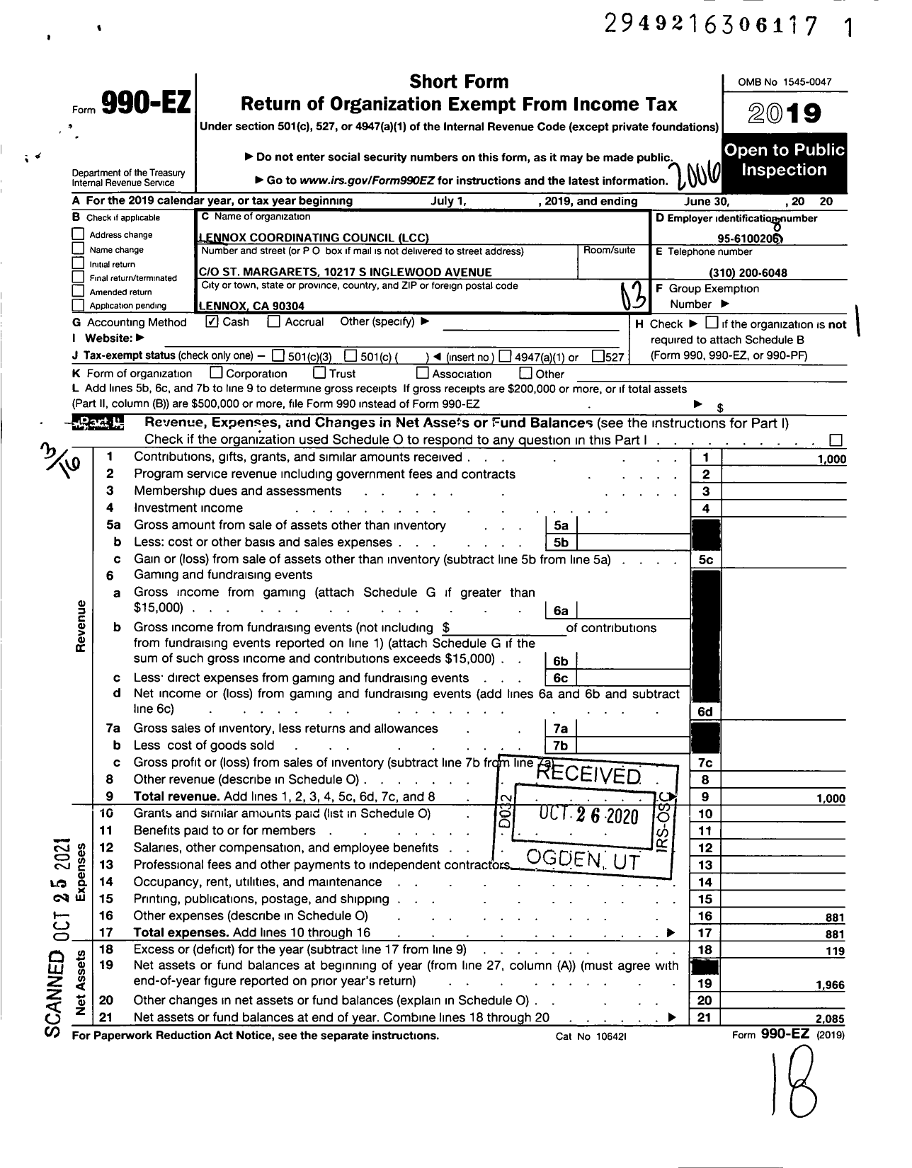 Image of first page of 2019 Form 990EZ for Lennox Coordinating Council (LCC)