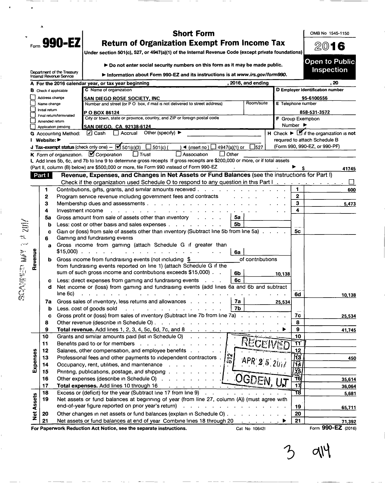 Image of first page of 2016 Form 990EZ for San Diego Rose Society