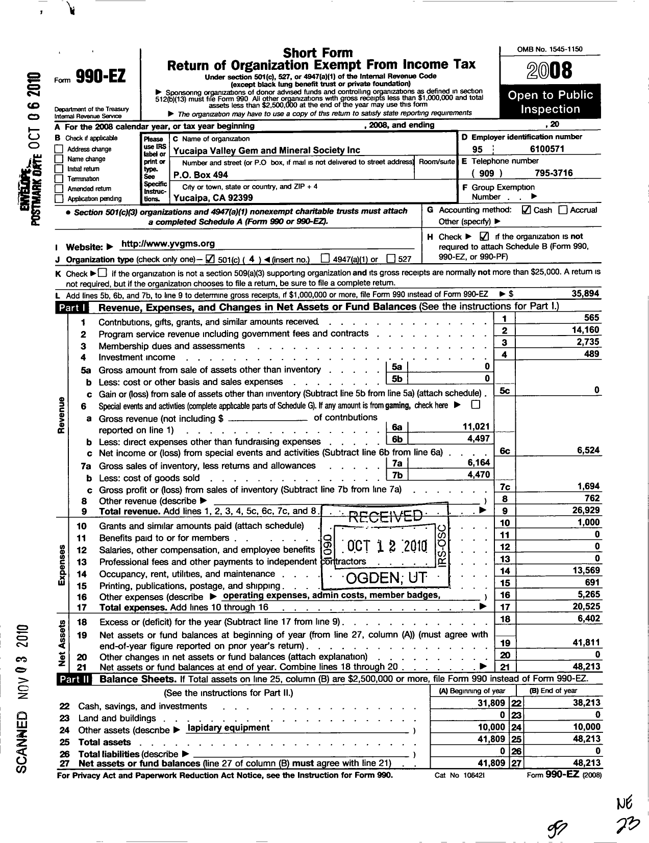 Image of first page of 2008 Form 990EO for Yucaipa Valley Gem and Mineral Society