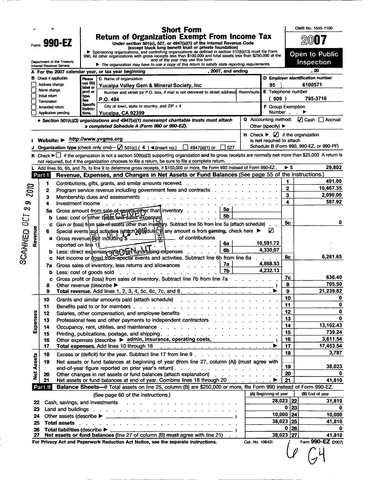 Image of first page of 2007 Form 990EO for Yucaipa Valley Gem and Mineral Society