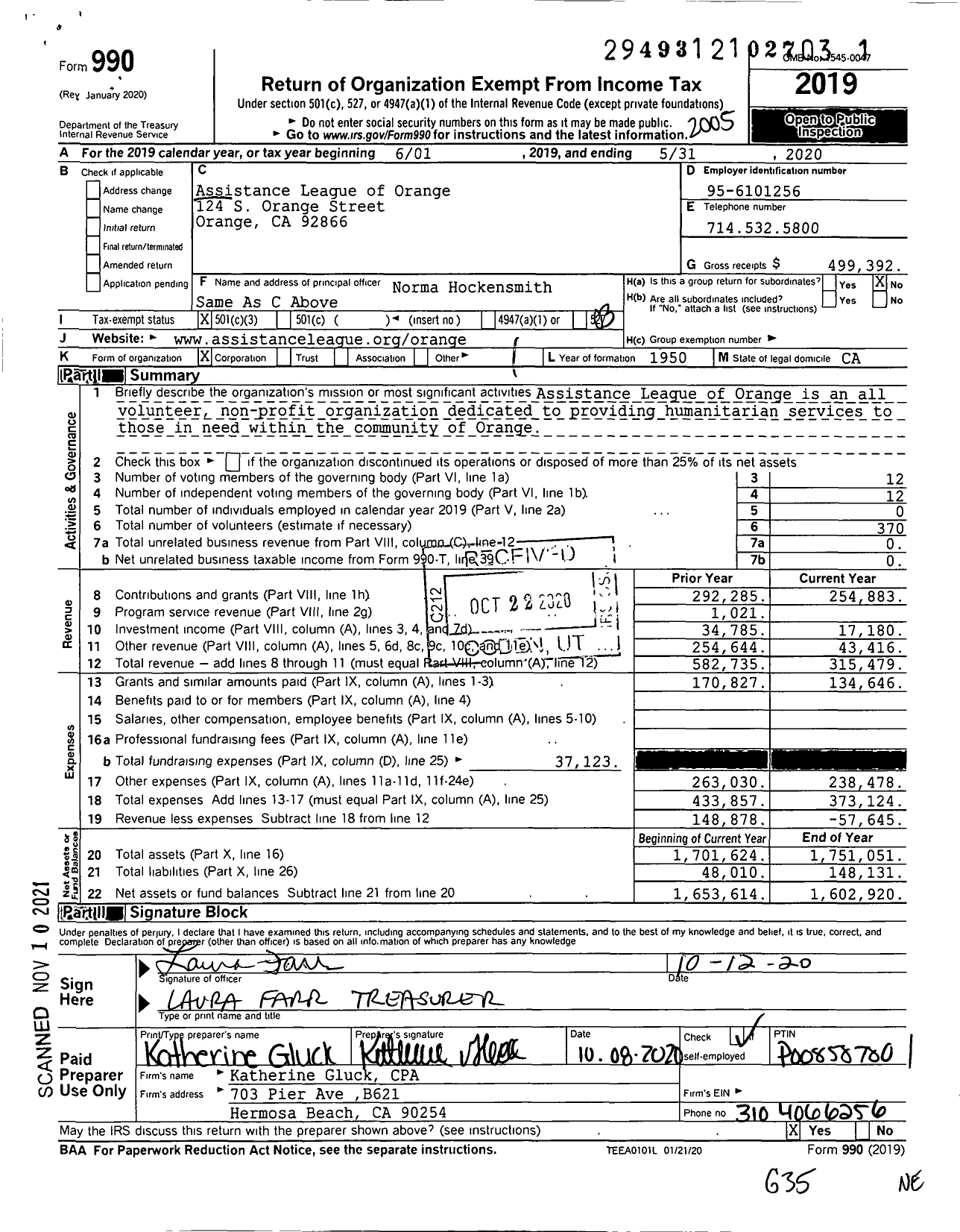 Image of first page of 2019 Form 990 for Assistance League of Orange