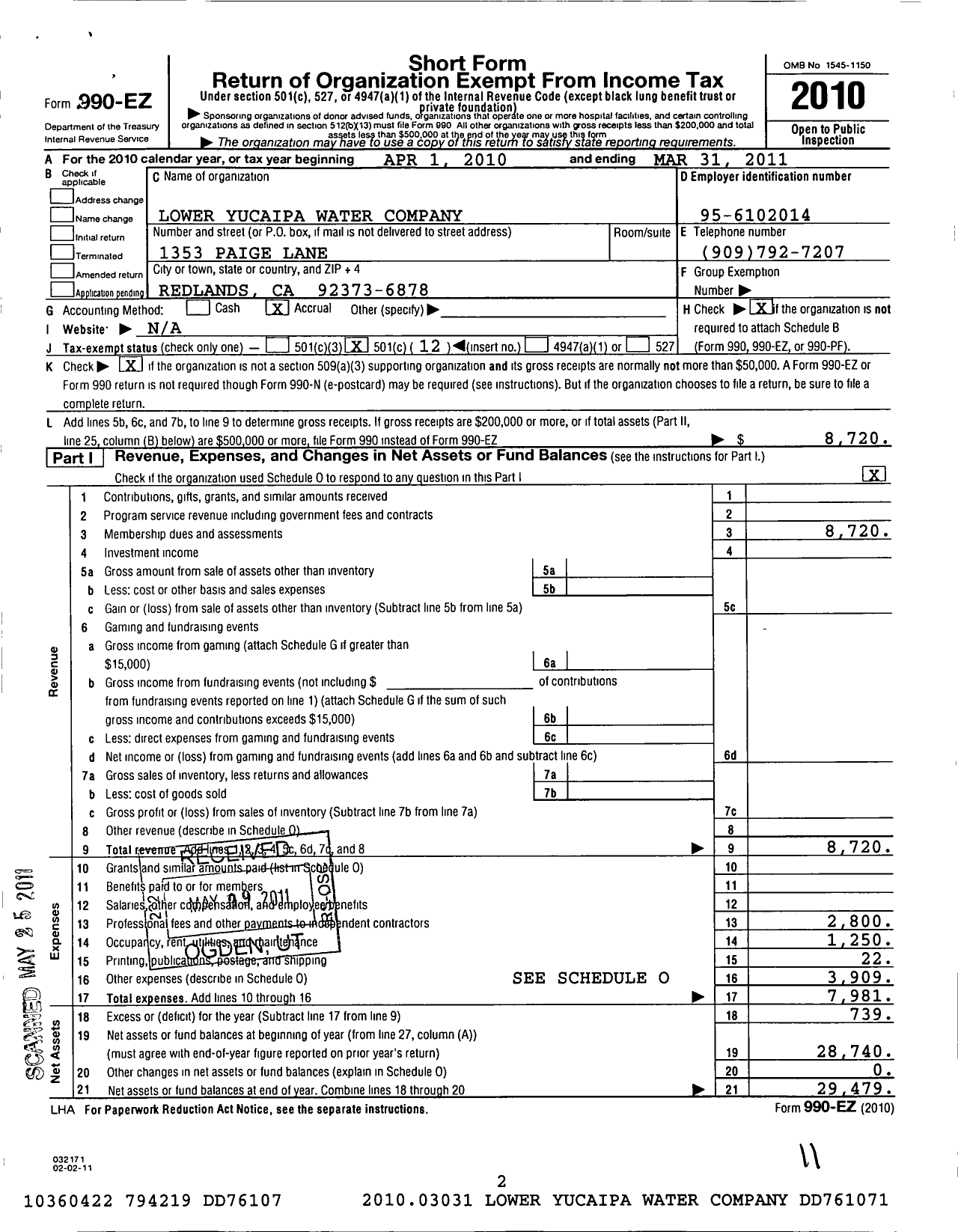 Image of first page of 2010 Form 990EO for Lower Yucaipa Water Company