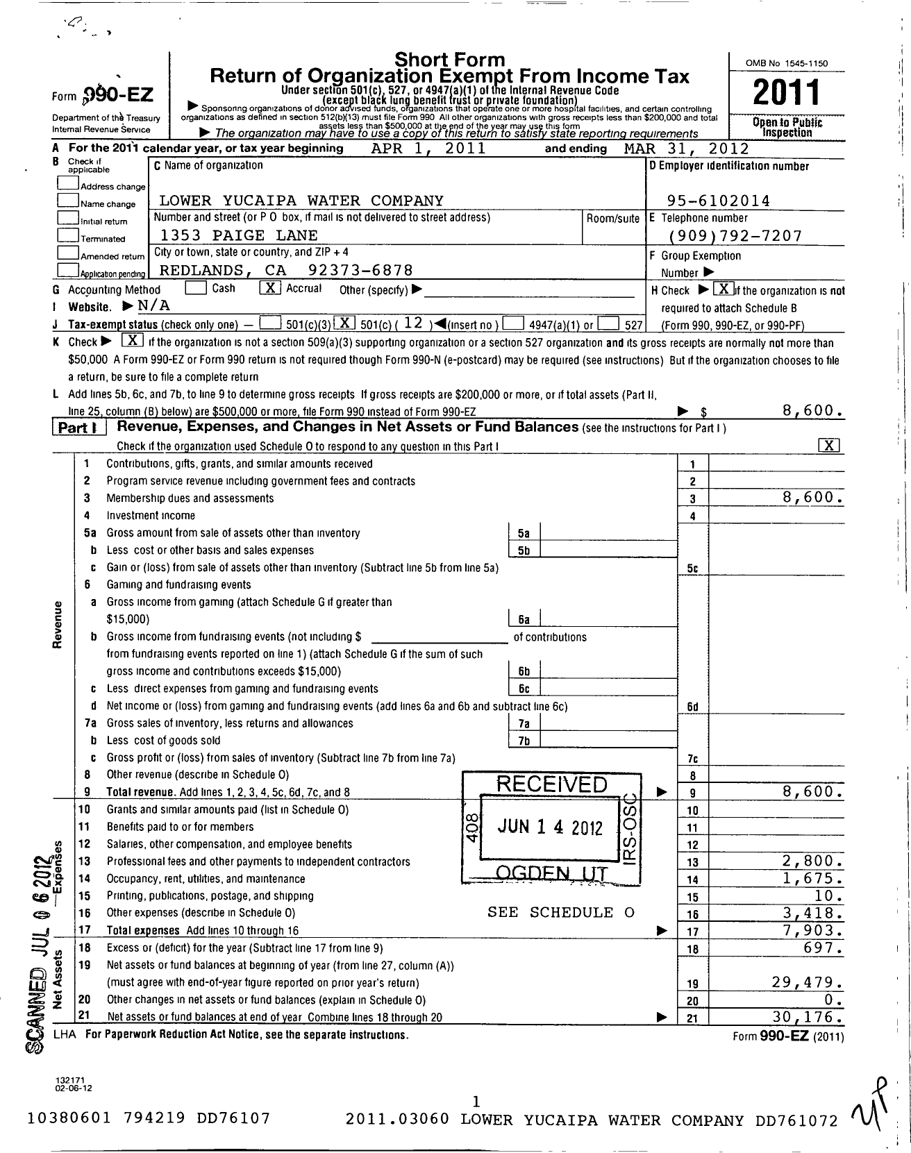 Image of first page of 2011 Form 990EO for Lower Yucaipa Water Company