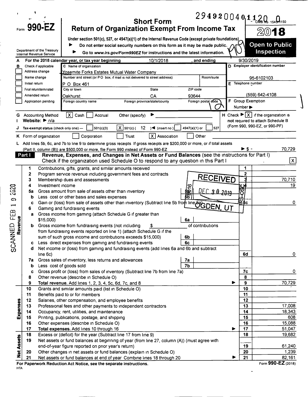 Image of first page of 2018 Form 990EO for Yosemite Forks Estates Mutual Water