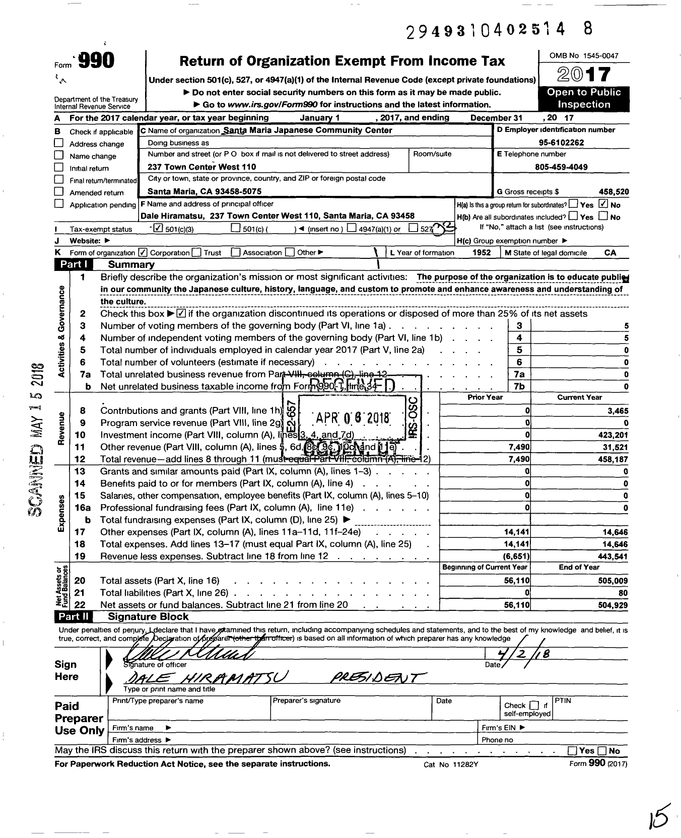 Image of first page of 2017 Form 990 for Santa Maria Japanese Community Center