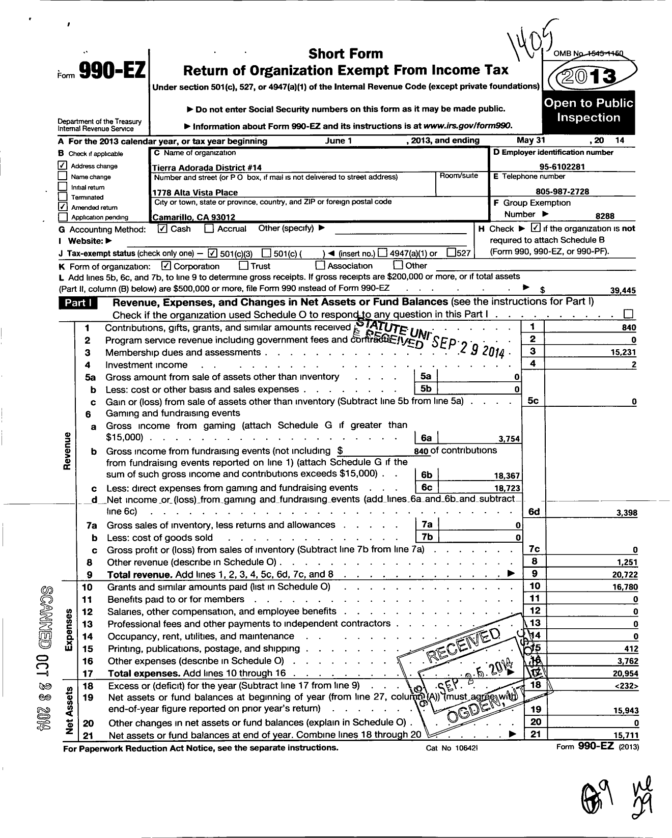 Image of first page of 2013 Form 990EZ for California Federation of Women's Clubs - Tierra Adorado District