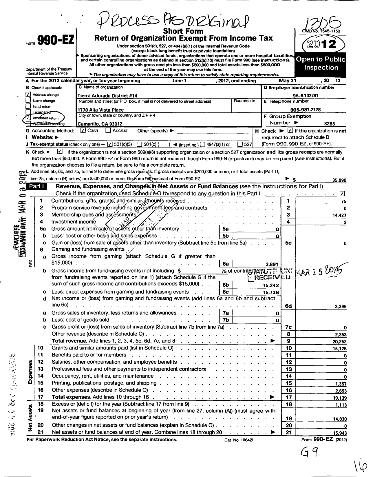 Image of first page of 2012 Form 990EZ for California Federation of Women's Clubs - Tierra Adorado District