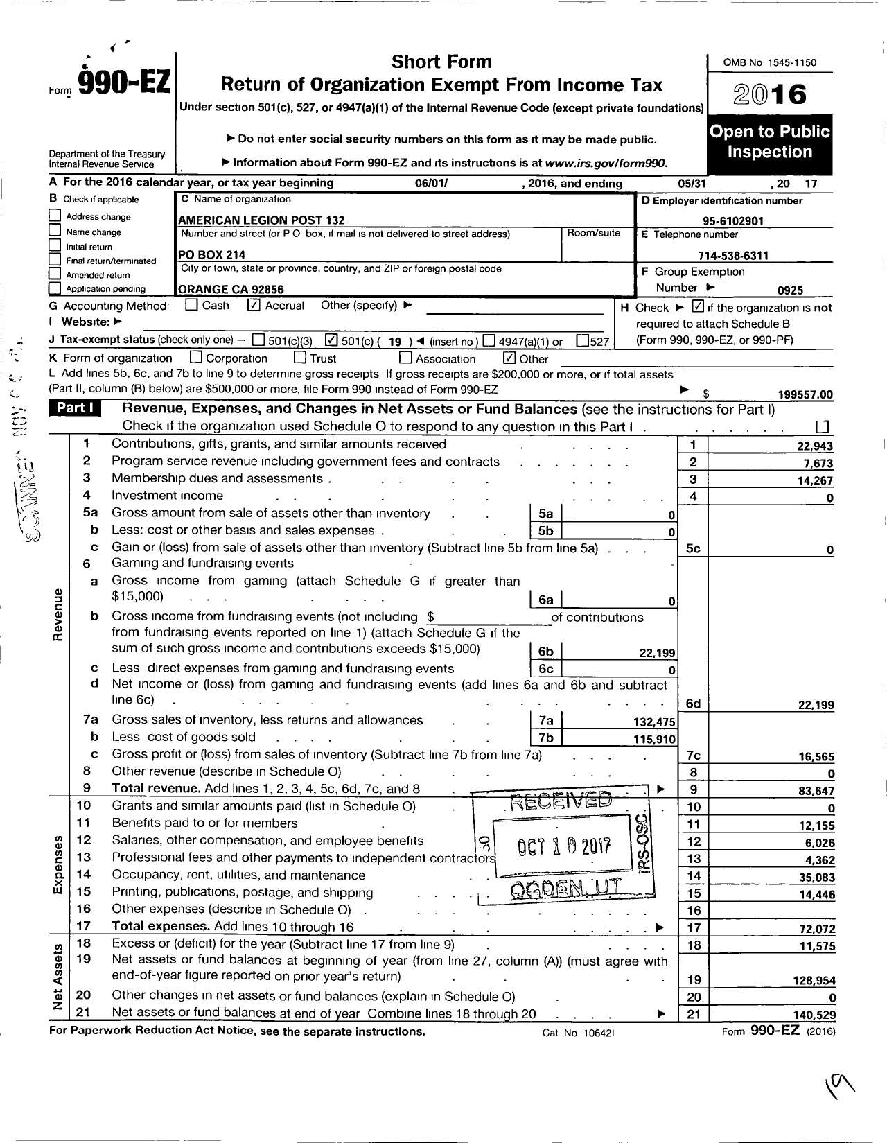 Image of first page of 2016 Form 990EO for American Legion - 132 Orange Ca Post