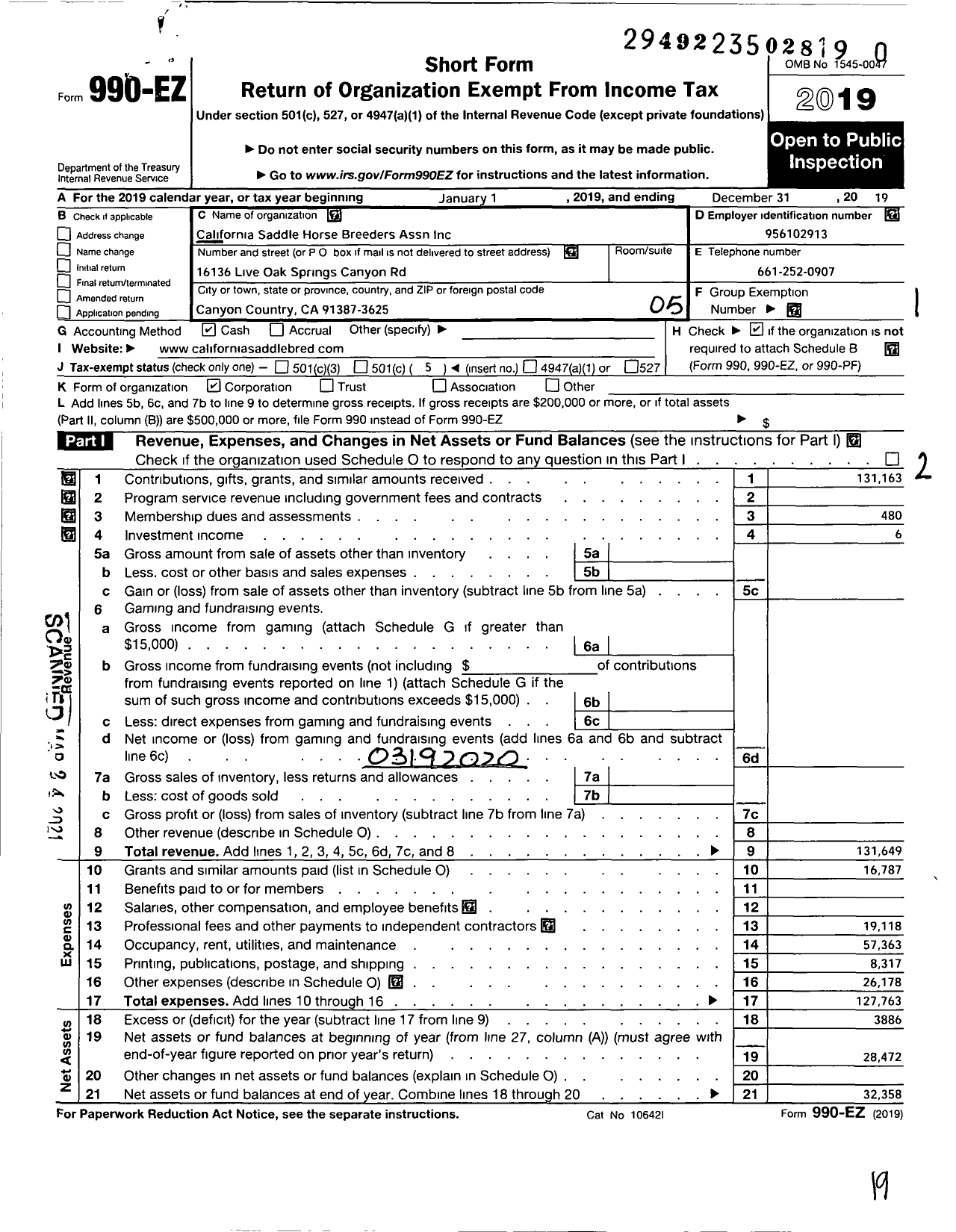 Image of first page of 2019 Form 990EO for California Saddle Horse Breeders Association