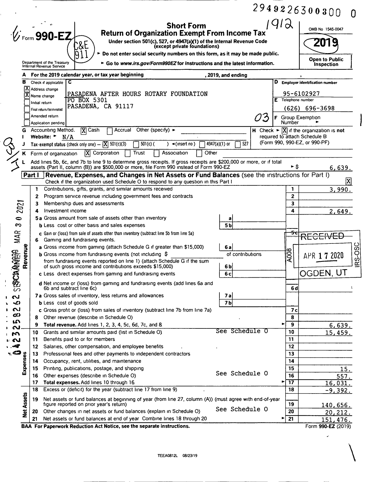 Image of first page of 2019 Form 990EZ for Pasadena Sunrise Rotary Foundation