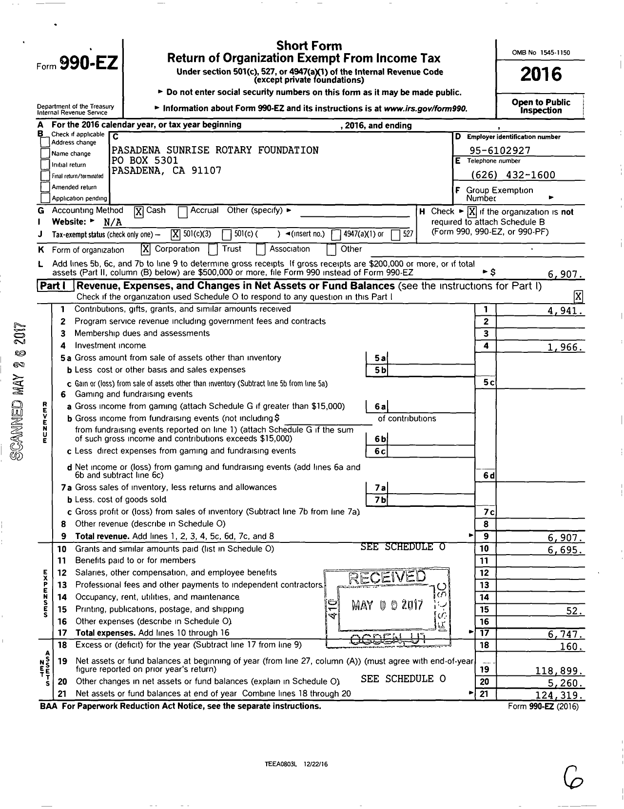 Image of first page of 2016 Form 990EZ for Pasadena Sunrise Rotary Foundation