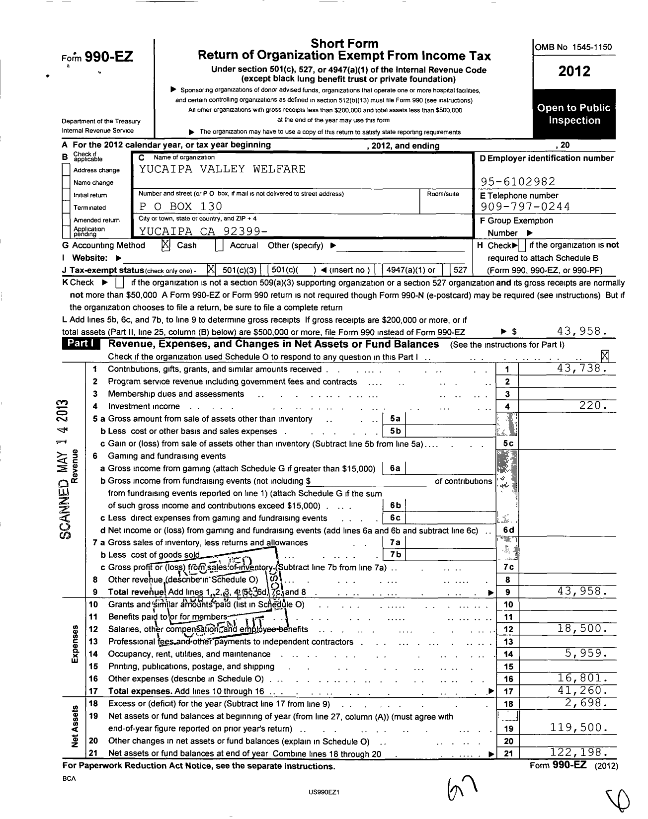 Image of first page of 2012 Form 990EZ for Yucaipacalimesa Family Assistance