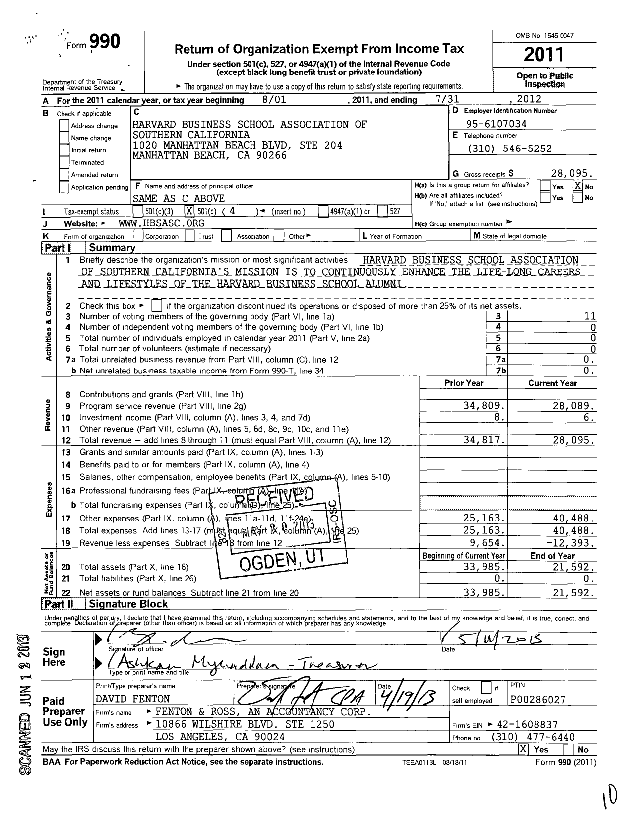 Image of first page of 2011 Form 990O for Harvard Business SCH Association of So Ca Security Pac National B Fallon Walsh