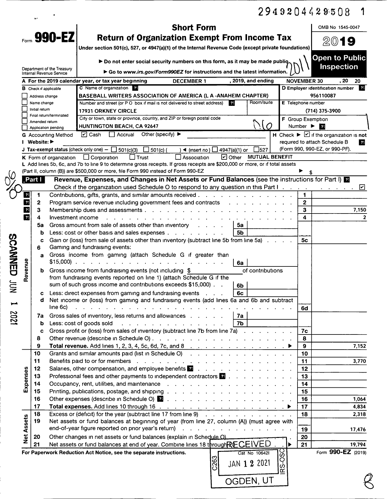 Image of first page of 2019 Form 990EO for Baseball Writers Association of America Los Angeles Anaheim Chapter