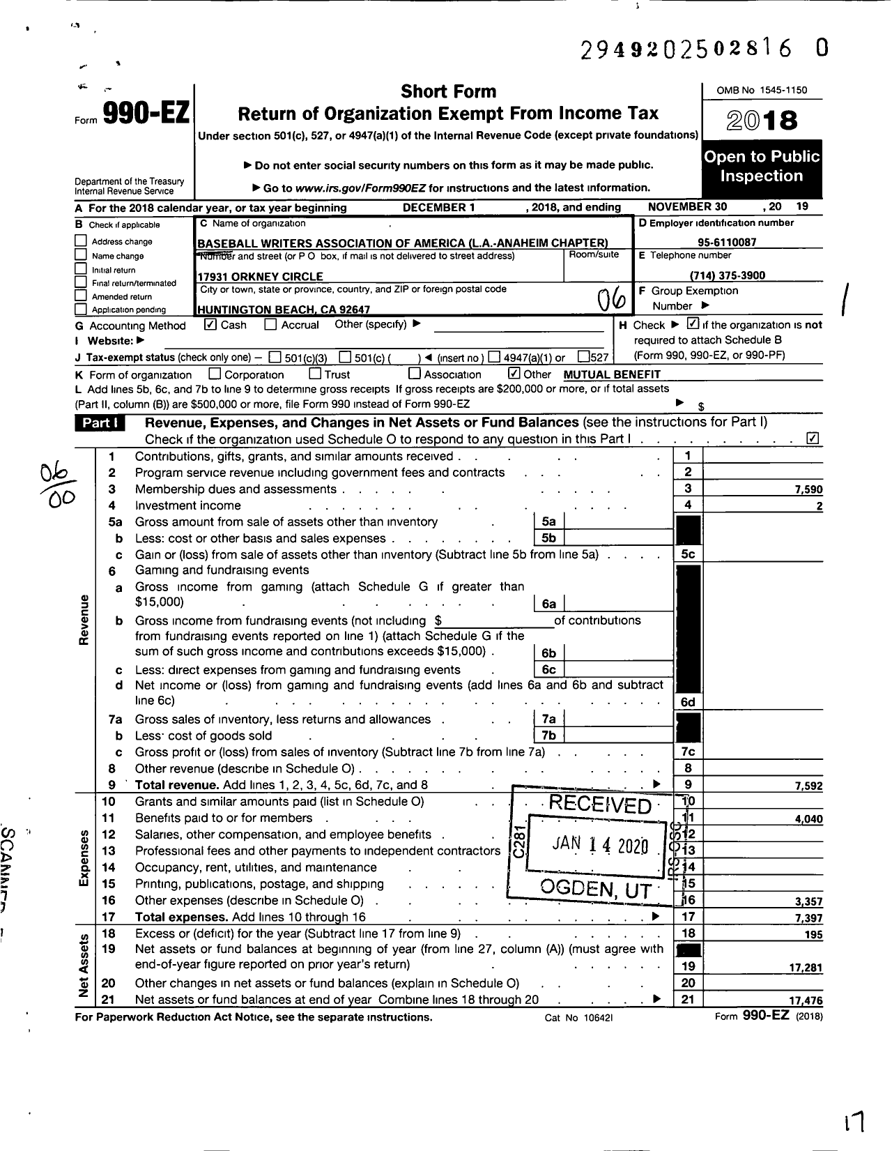 Image of first page of 2018 Form 990EO for Baseball Writers Association of America Los Angeles Anaheim Chapter