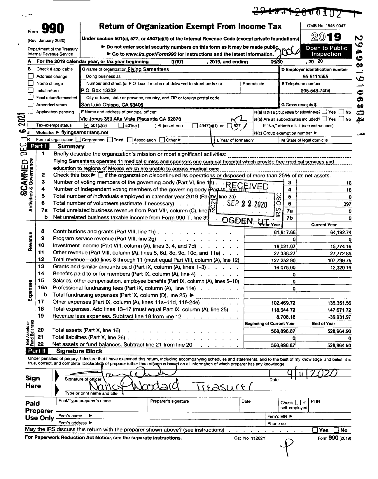 Image of first page of 2019 Form 990 for Flying Samaritans