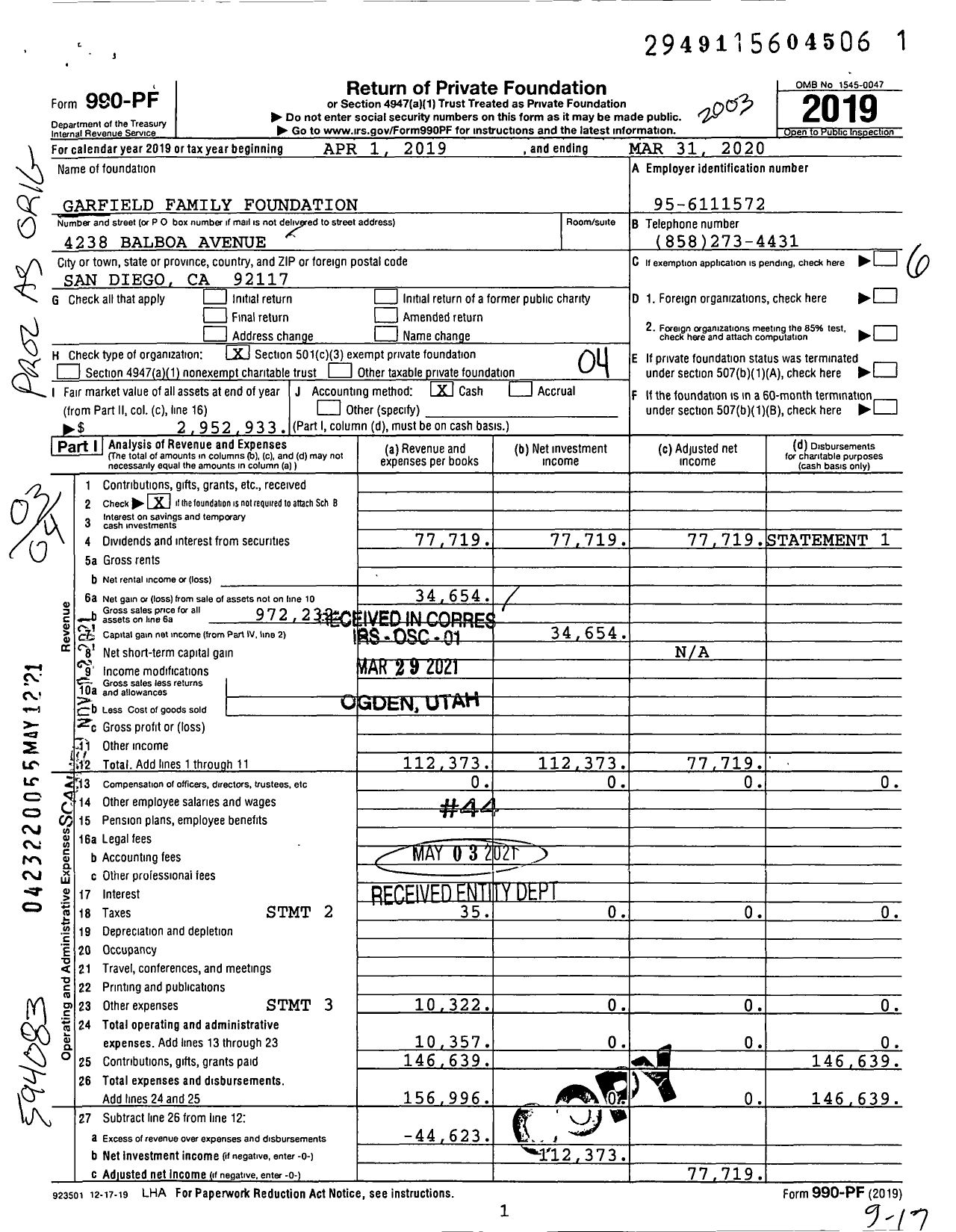 Image of first page of 2019 Form 990PF for Garfield Family Foundation