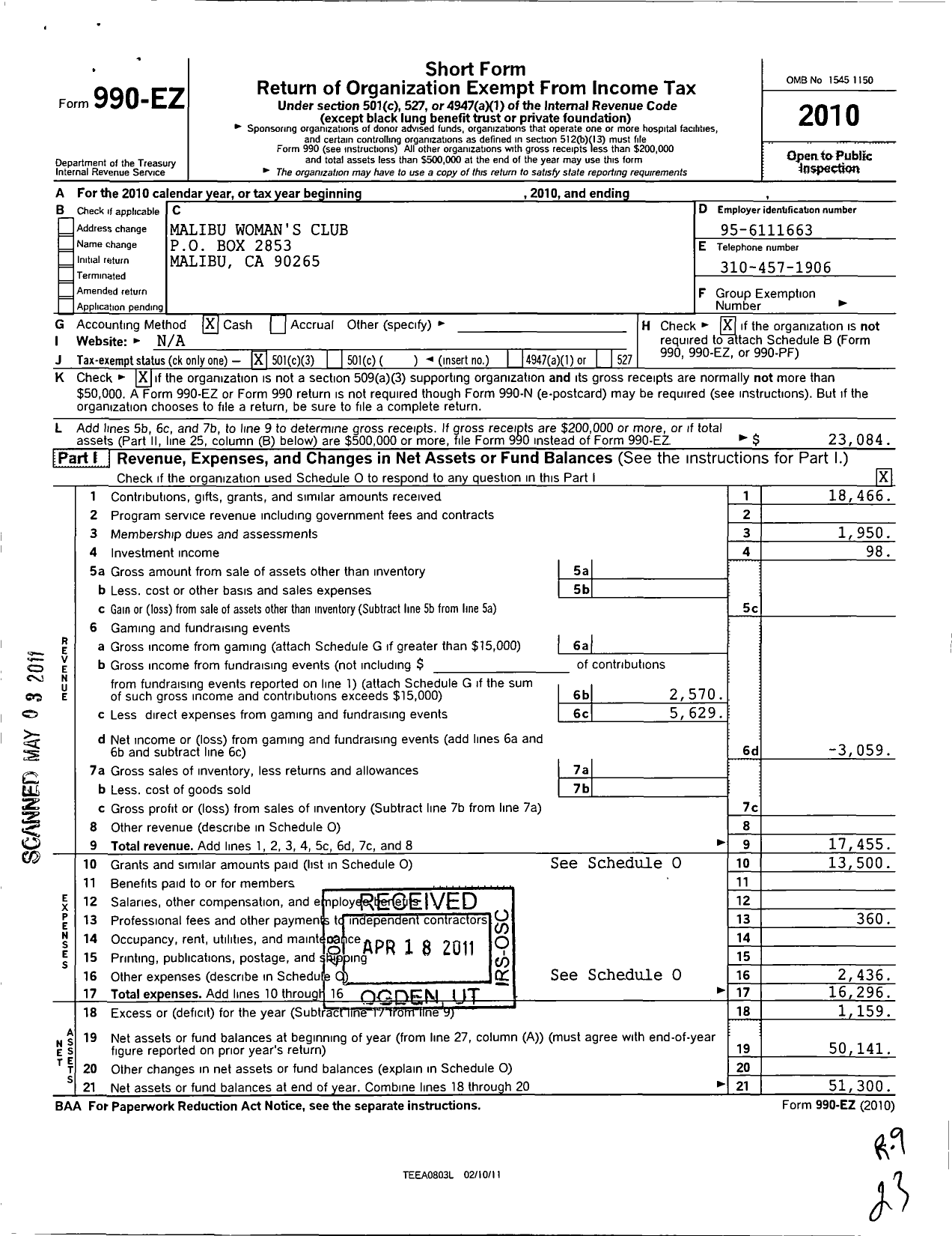 Image of first page of 2010 Form 990EZ for Malibu Womans Club