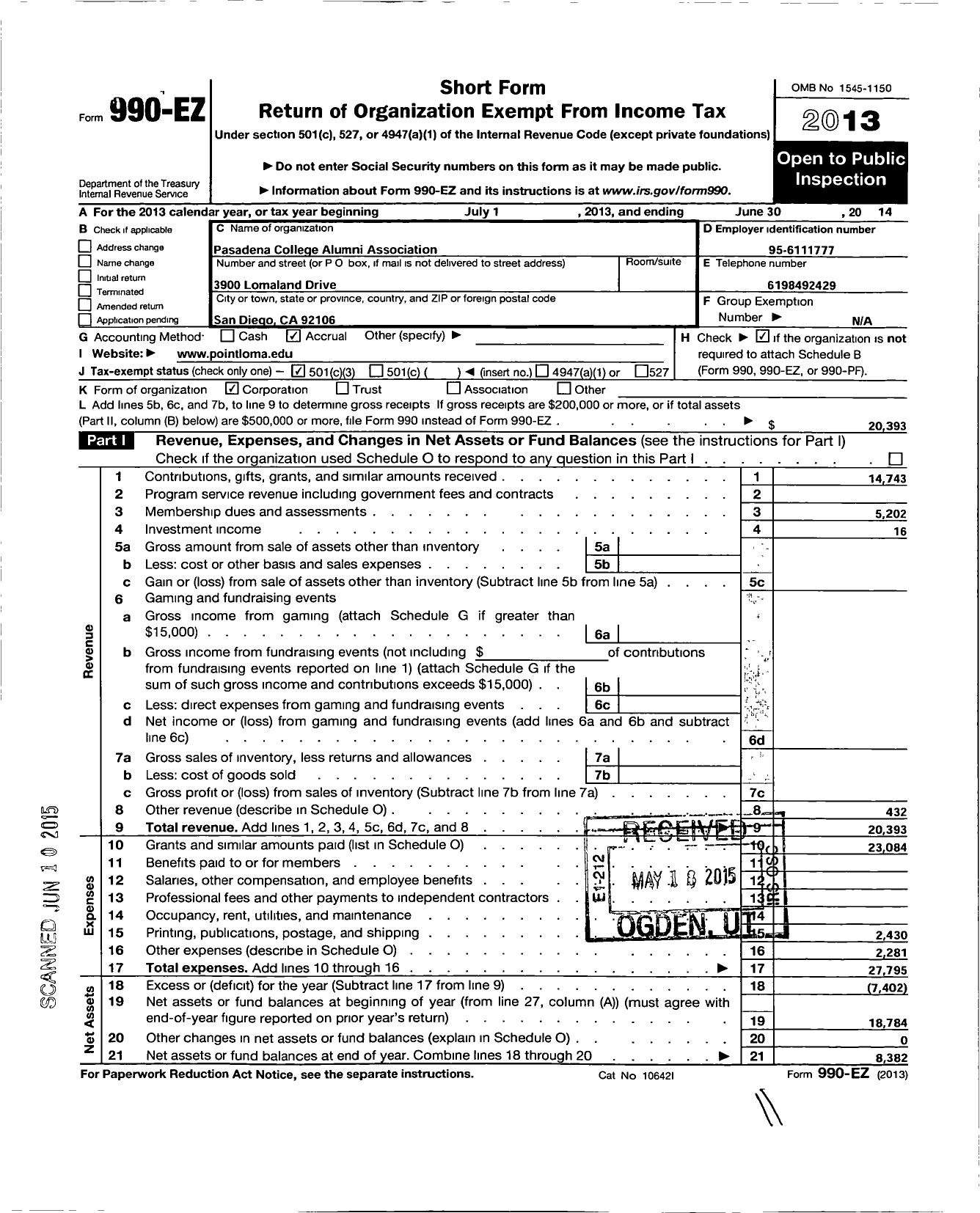 Image of first page of 2013 Form 990EZ for Pasadena College Alumni Association