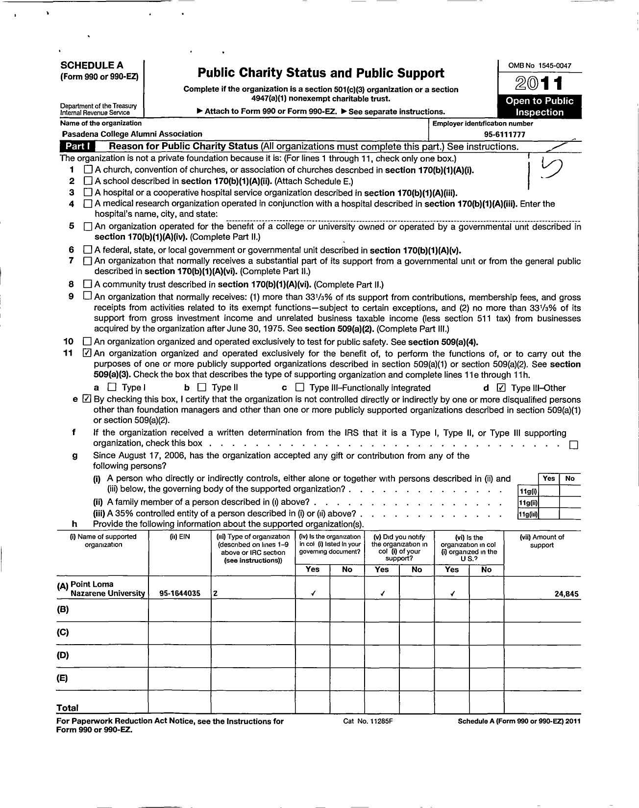 Image of first page of 2011 Form 990ER for Pasadena College Alumni Association