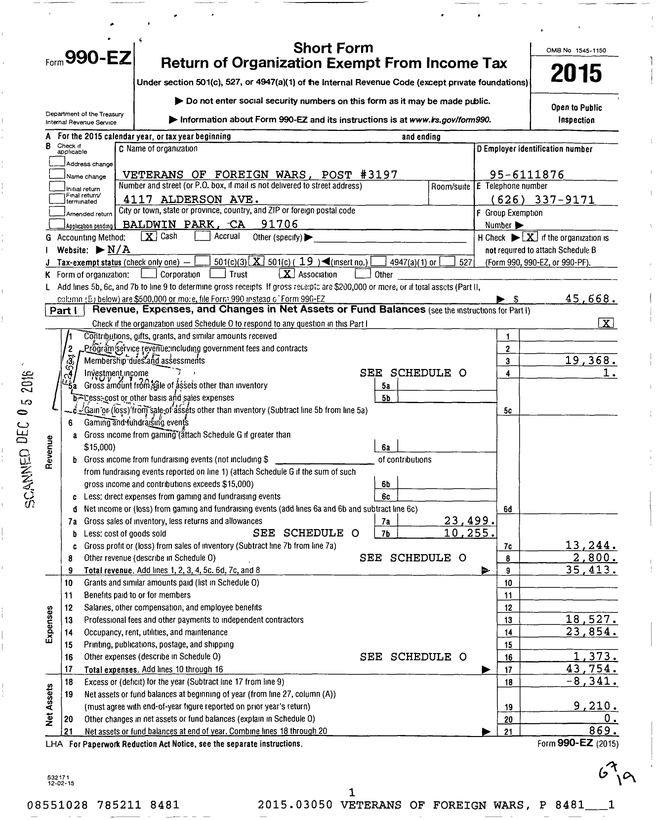 Image of first page of 2015 Form 990EO for VFW California Department - 3197 6 Baldwin Park