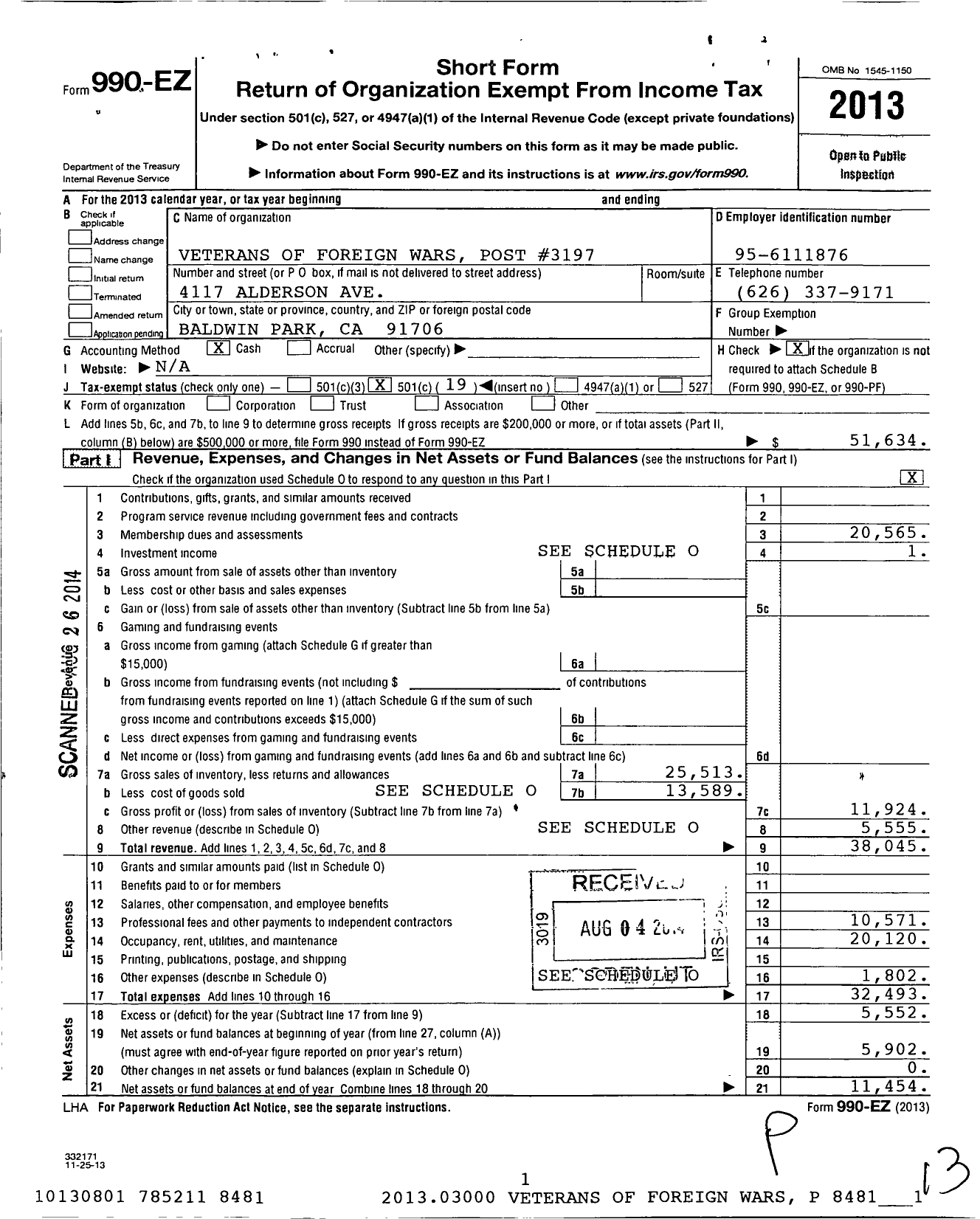 Image of first page of 2013 Form 990EO for VFW California Department - 3197 6 Baldwin Park