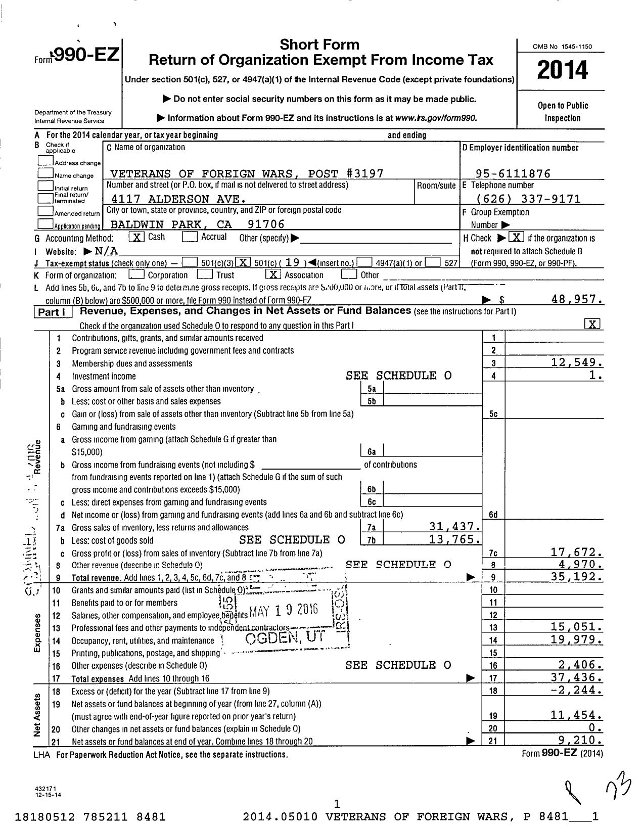 Image of first page of 2014 Form 990EO for VFW California Department - 3197 6 Baldwin Park