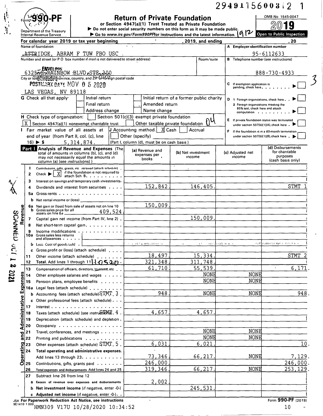 Image of first page of 2019 Form 990PF for Attridge Abram F Tuw Fbo Usc