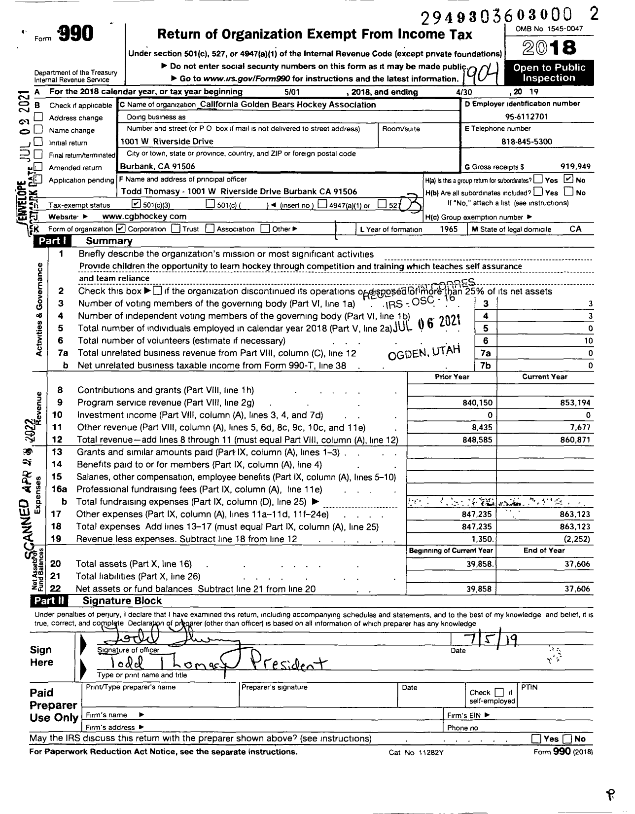 Image of first page of 2018 Form 990 for California Golden Bears Hockey Association