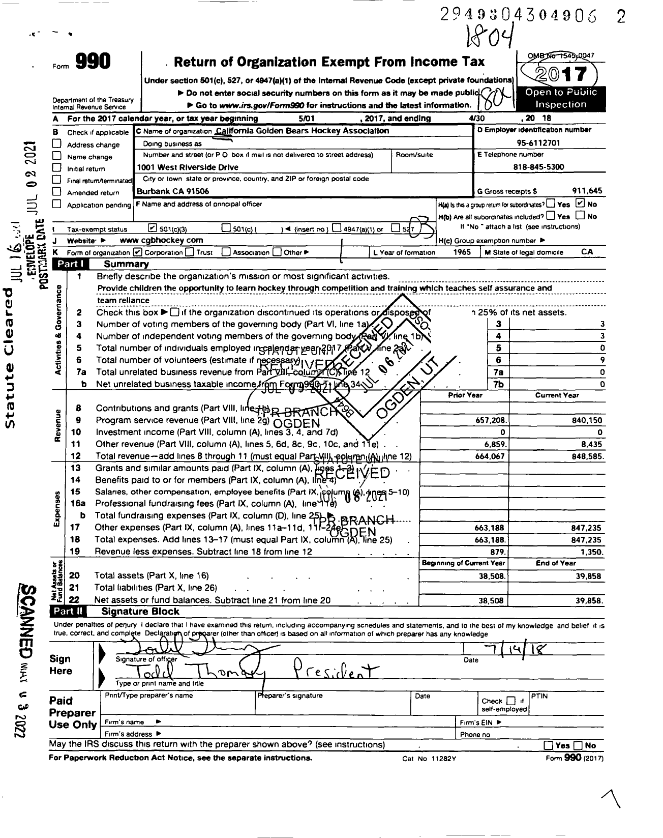 Image of first page of 2017 Form 990 for California Golden Bears Hockey Association