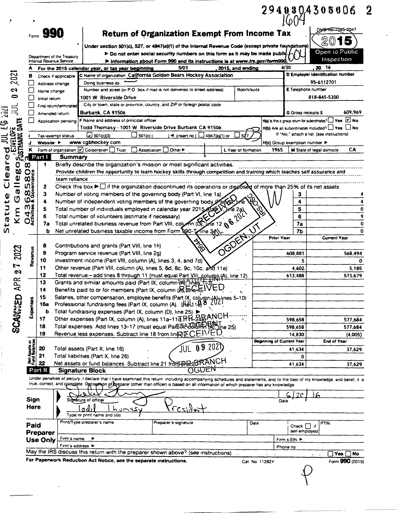 Image of first page of 2015 Form 990 for California Golden Bears Hockey Association