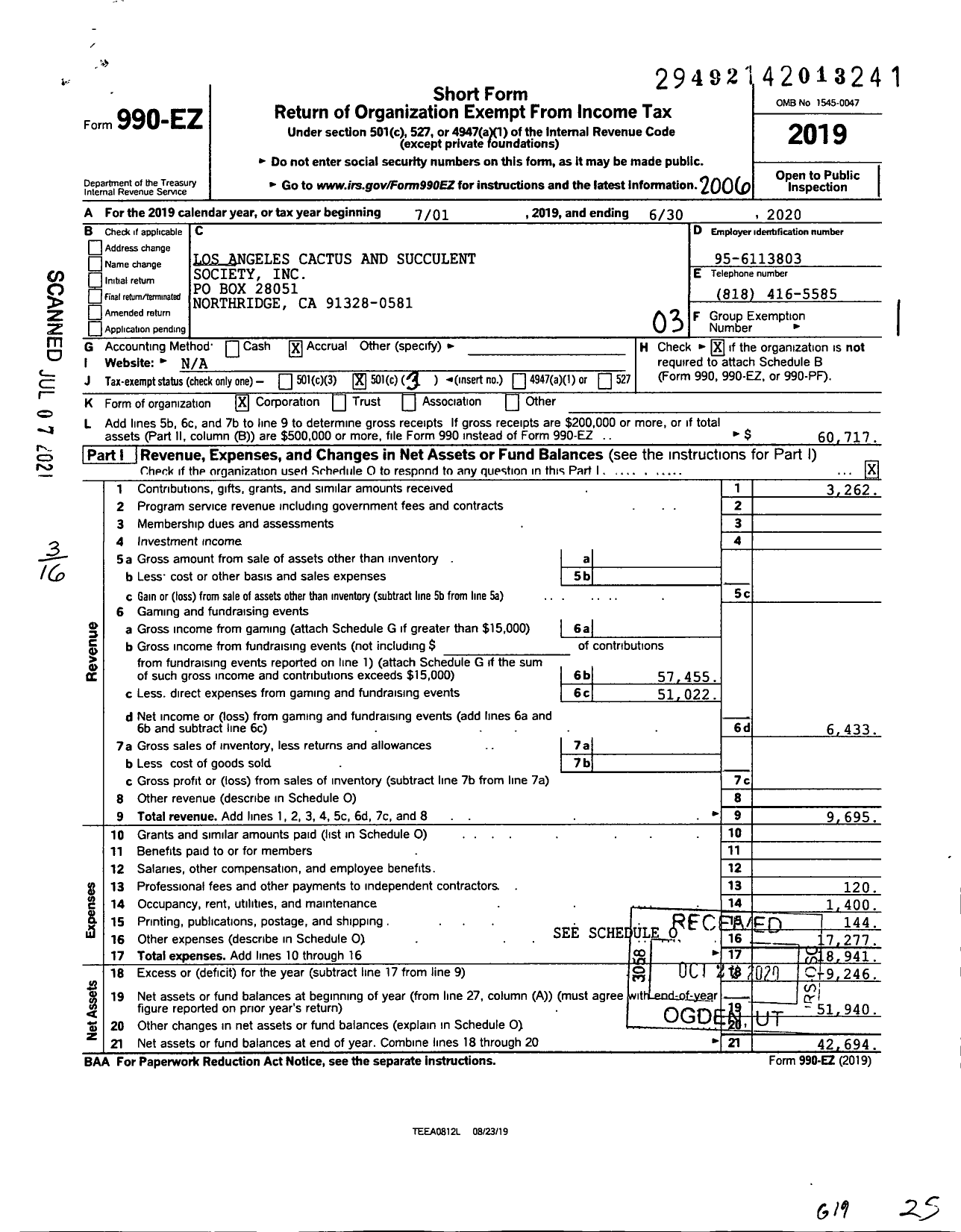 Image of first page of 2019 Form 990EZ for Los Angeles Cactus and Succulent Scty