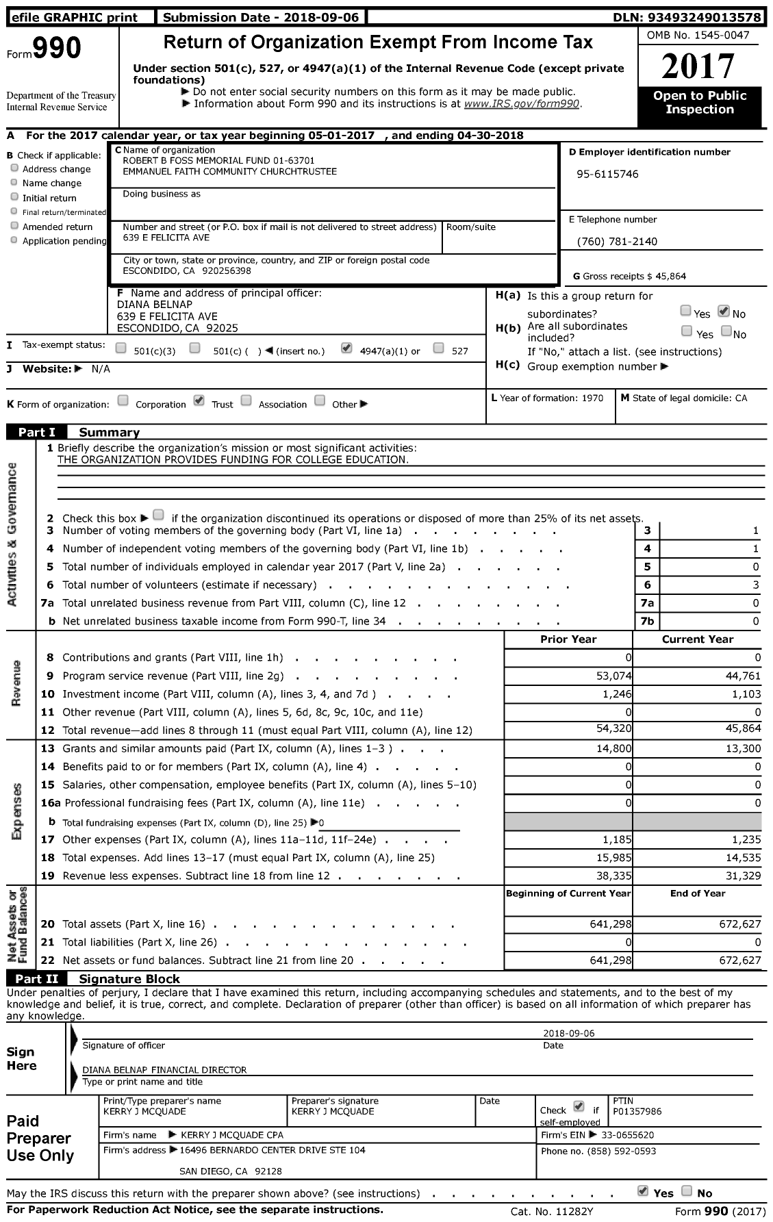 Image of first page of 2017 Form 990 for Robert B Foss Memorial Fund 01-63701 Emmanuel Faith Community Churchtrustee Trustee