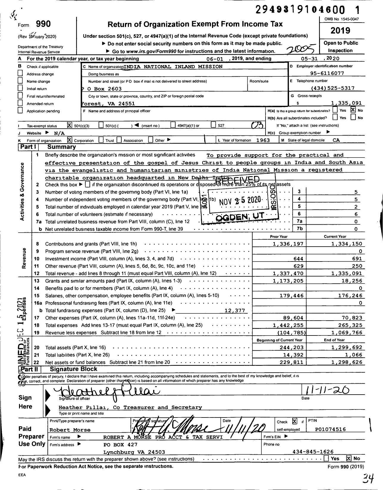 Image of first page of 2019 Form 990 for India National Inland Mission