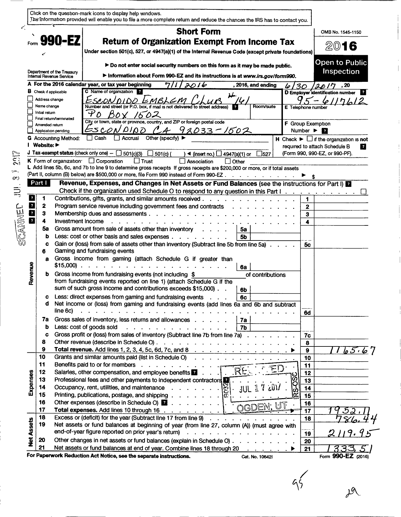 Image of first page of 2016 Form 990EO for Supreme Emblem Club of the United States of America - 161 Escondido Emblem Club